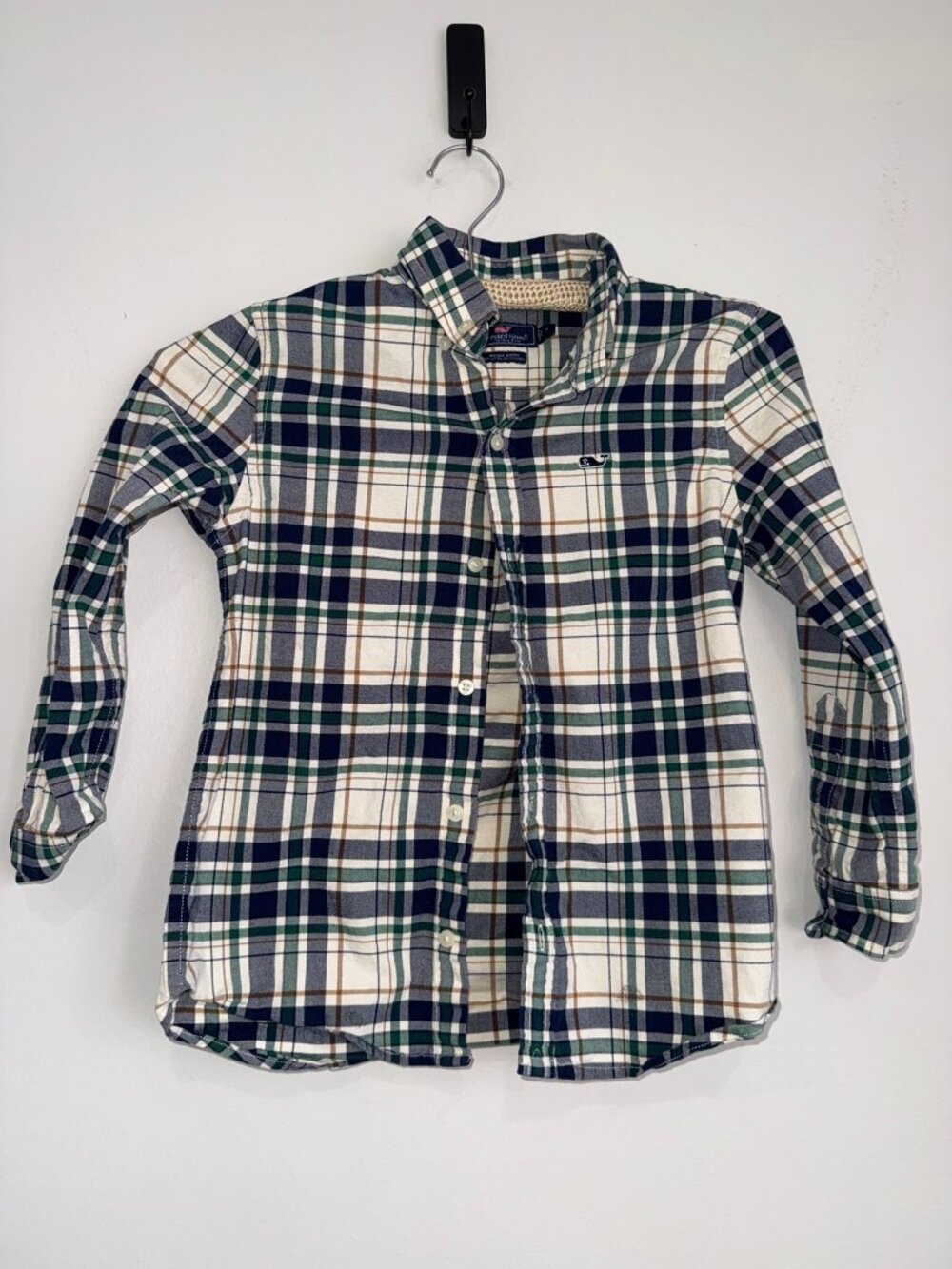 VINEYARD VINES Boys 7 White Blue Green Plaid Flannel Long Sleeve BUtton Up J18